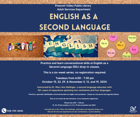 event poster with a banner in the middle with pictures saying practice, english and sticky notes with words