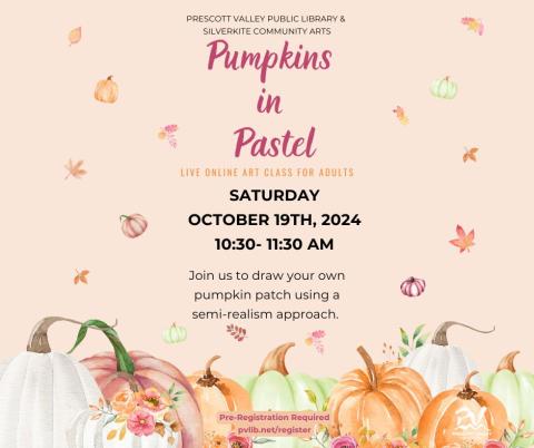 event poster with multi colored pumpkins in pastel along the bottom 