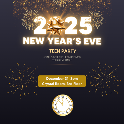 New Year's Eve Party poster with clip art of a clock reaching midnight and a background of gold fireworks to celebrate 2025.