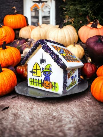 house made out of cookies painted with cat and spider immage with a background of mini pumpkins