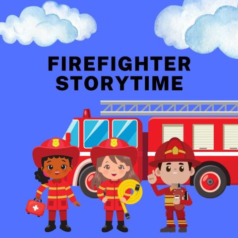 animation of firetruck and and diverse children dressed in firefighter uniforms on a blue background with two white clouds in the upper area