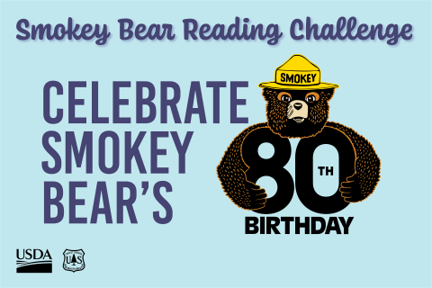 smokey bear holding digit 80 with text that says celebrate smokey bear's birthday on a light blue background