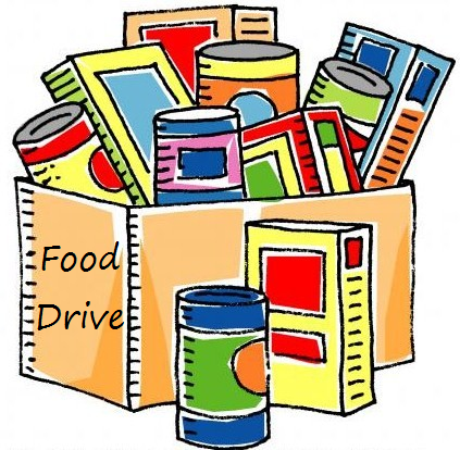 Drawing of a cardboard box with boxed and canned food items inside and the words "Food Drive" written on the end