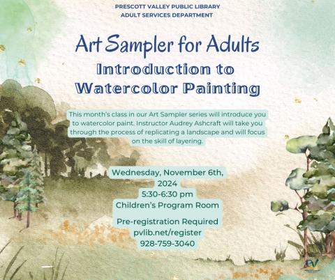 event poster with landscape water color trees and a hill