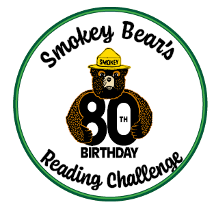 An image of Smokey Bear holding the number 80 and the words "Smokey Bear's 80th Birthday Reading Challenge"