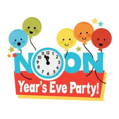 The words noon, in blue, years eve party, below and in red, with an analog clock for the O in noon. Balloons with faces are floating behind the word noon.