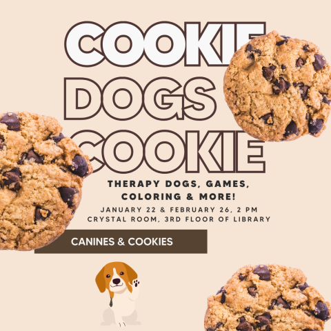 Canines and Cookies poster with image of a puppy and chocolate chip cookies.