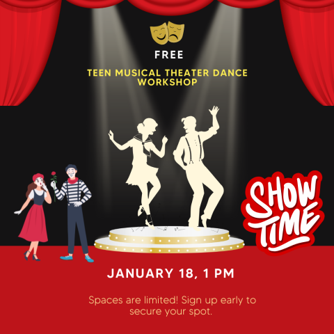 Musical Theater Dance Workshop poster with clip art of a dancing couple on a stage. There's also an illustration of two theater people miming.