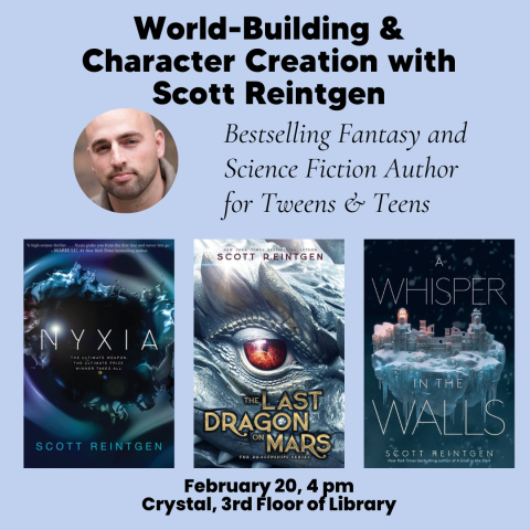 Photo of Scott Reintgen and 3 book covers: Nyxia, The Last Dragon on Mars, and Whisper in the Walls