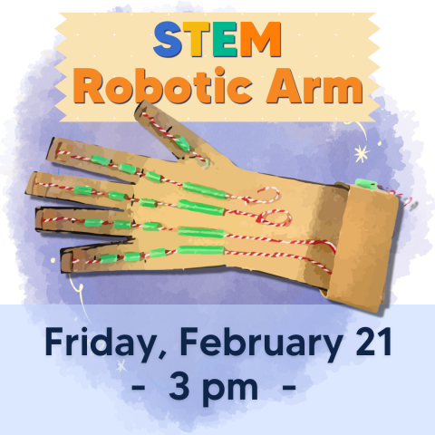 STEM Robotic Arm poster with illustration of a cardboard robotic arm.