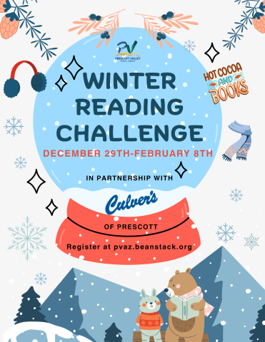 Snow globe set in a mountain wintry scene with 2 animals reading and text "Winter Reading Challenge" is displayed along with the dates. Winter images are shown as well with falling snowflakes spread around.