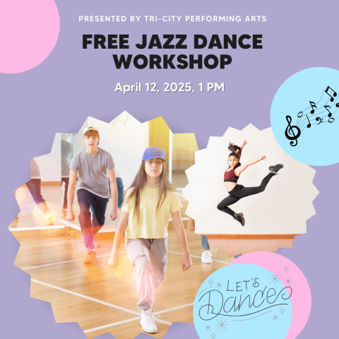 Jazz dance workshop poster with two images of teens dancing. There is also clip art of musical notes and the word "Let's Dance."