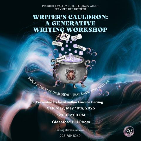 event poster with a picture of a cauldron and the picture of author
