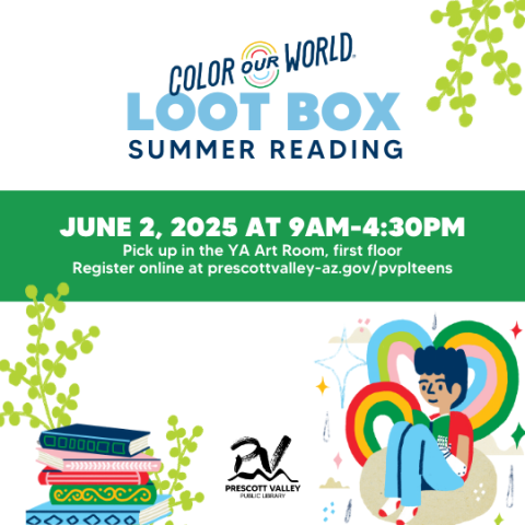 oster of Teen Loot Box with Summer Reading Theme words: Color Our World. There is clip art of books and a kid reading.