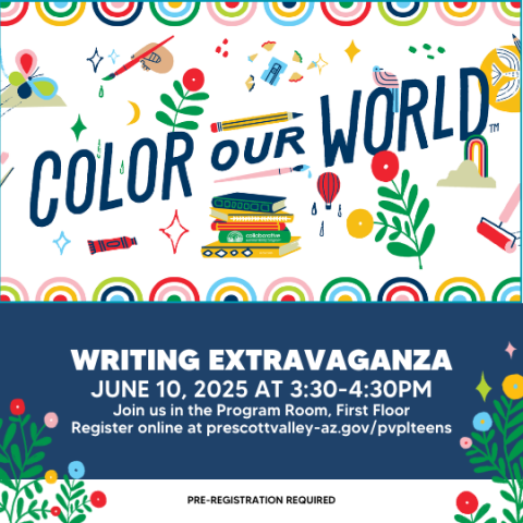 Color Our World Writing Extravaganza poster with colorful images of books, plants, and swirling designs.