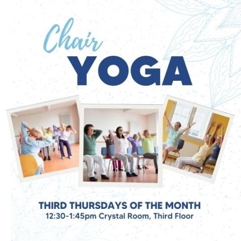 event poster with images of ppl in chair yoga poses
