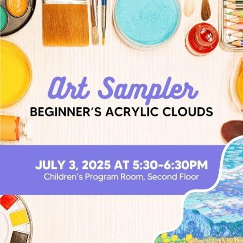 event poster with paint and paint brushes and a picture of clouds