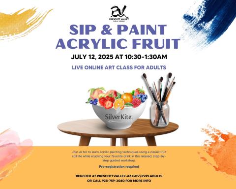 event poster with fruit in a bowl and paint brushes in a jar