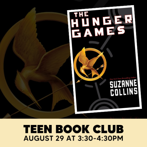 Hunger Games book club poster with photo of the book cover.