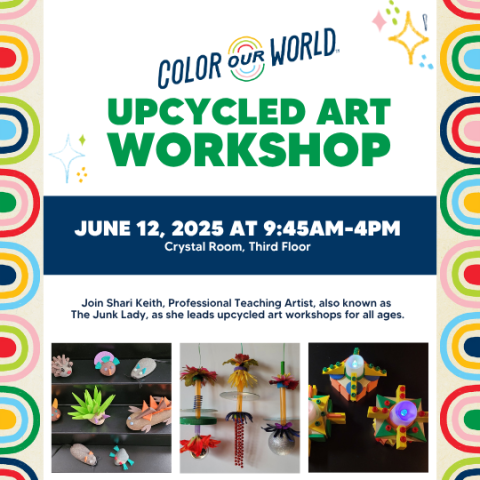 text states upcycled art workshop with pictures of different art projects