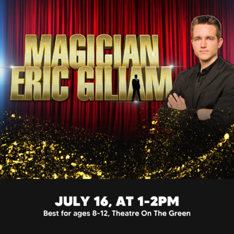 Magician eric Giliam text on a red curtain next to a man wearing a suit.