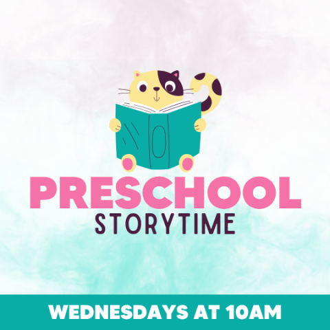 Cartoon graphic of a cat reading a book.  "Preschool Storytime" is displayed below with the day and time of the event.