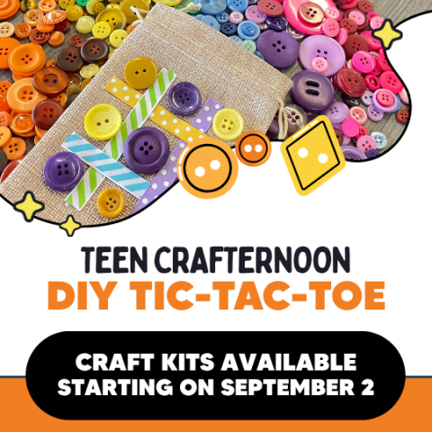 DIY Tic-Tac-Toe poster with image of the craft surrounded by buttons.