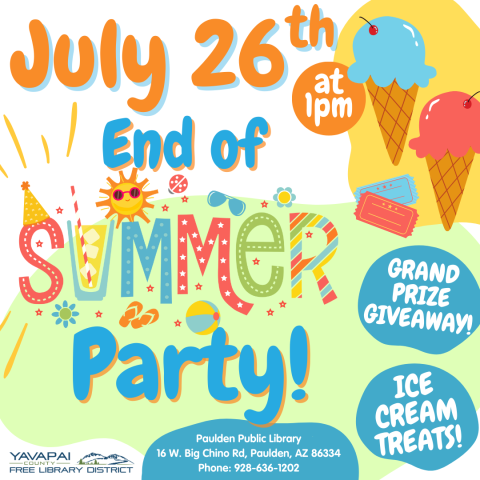 Colorful words that say, "July 26th End of Summer Party!"