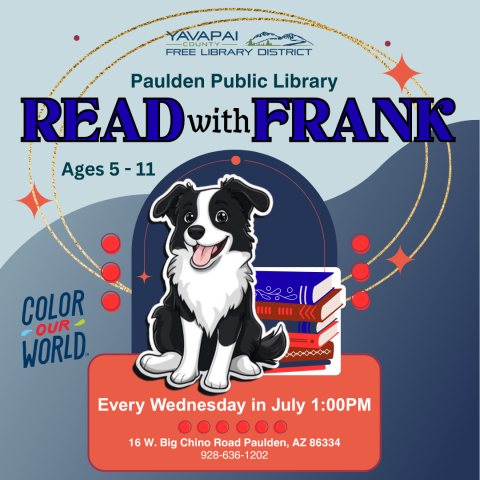 A cartoon image of a black and white Border Collie and the words, "Read with Frank"