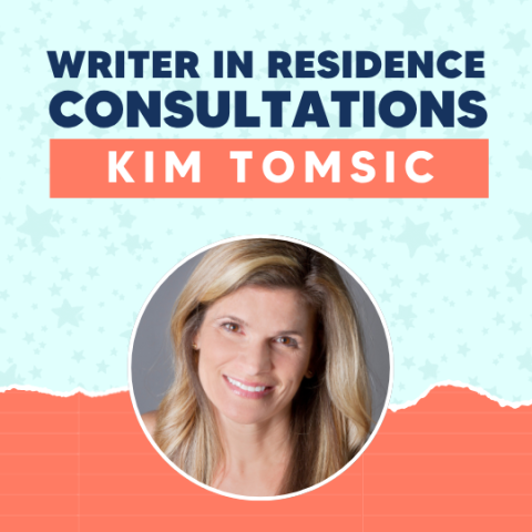 Photo with image of author, her name, Kim Tomsic. Also, title of program: Writer in Residence Consultations