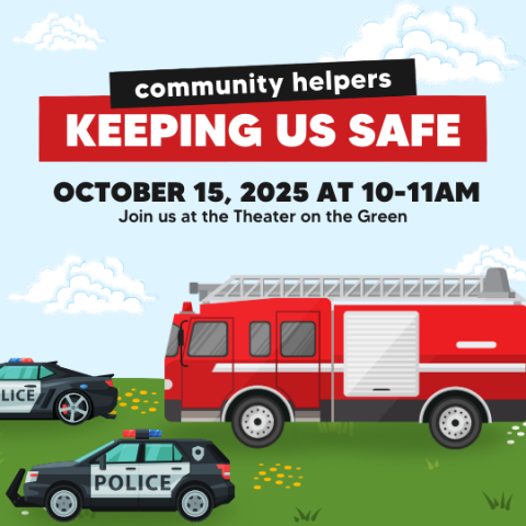 Picture of a red fire truck and two police cars on a green lawn. Text at the top gives important information for event such as name, date, time and location.