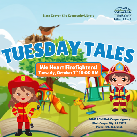 Cartoon children in firefighting gear stand in a playground that is within an open book; the name and date of the event are displayed in the foreground.