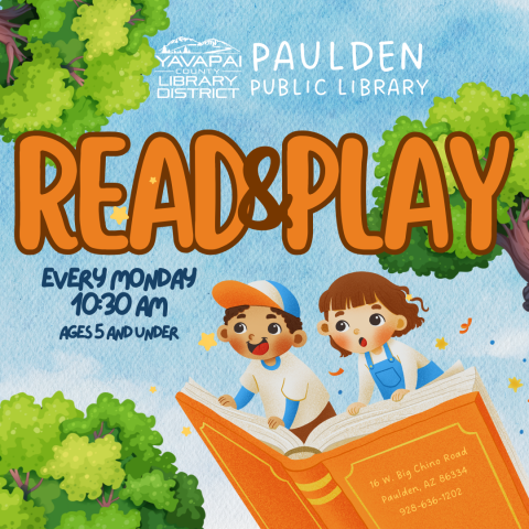 Children on an open book with the words "Read & Play"