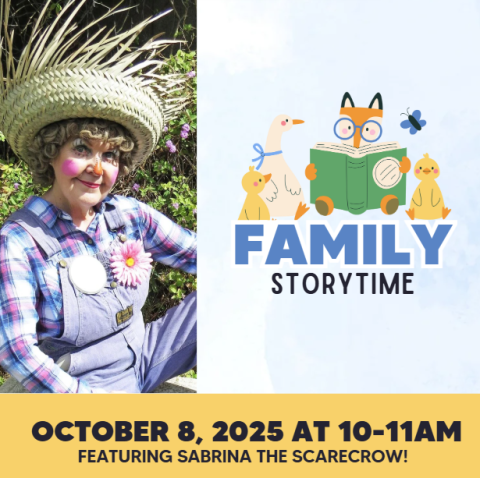 woman dressed as a scarecrow next to text Family Storytime