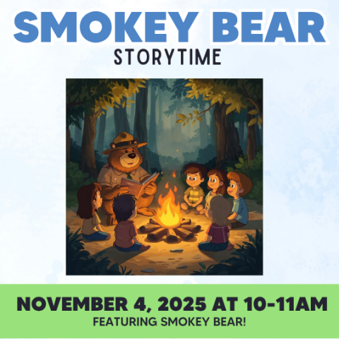 graphic with a bear reading a storyt by a campfire to a group of children