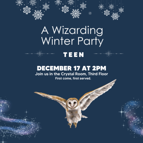 Wizarding Winter Party poster with clip art of an owl and snowflakes in background.
