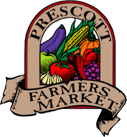 Prescott Farmers Market logo with a banner and summer vegetables