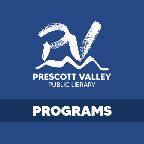 White colored Prescott Valley Public Library logo with white text that says programs on a dark blue background