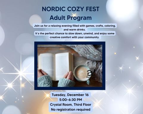 event poster with a photo of a open book with a cup of cocoa