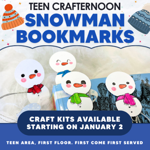 Snowman Bookmarks Teen Crafternoon with picture of the bookmarks in a book. 