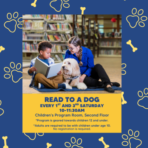 photo of a woman and a boy sitting on the floor in a library reading to a dog. There is a yellow text box below the photo containing the information about the program. The background is dark blue with yellow bones and paw prints.