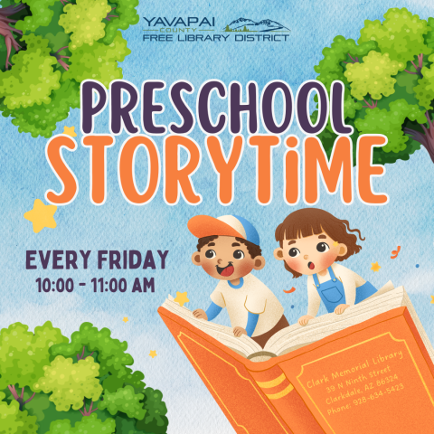 Preschool Storytime with Marianne and Elizabeth every Friday at 10:00 am poster. Two kids flying on a book!