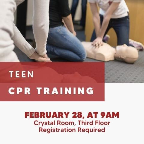 Red and White Teen CPR Training flyer with photo of people practicing CPR on a dummy.