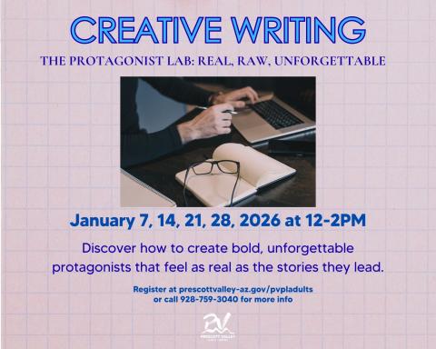 event poster with a person typing on a laptop and an open journal with a pair of glasses sitting on the journal