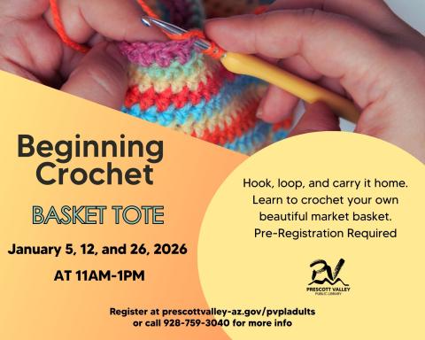 event poster with a a person crocheting with multicolor yarn