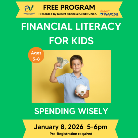 Green and yellow flyer with a photo of a tween boy holding a piggy bank and some money in his hands.