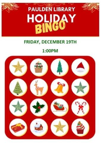 Holiday Bingo card with Friday, December 19th 1:00pm