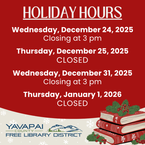 Book with holly branches and card with text: holiday hours.