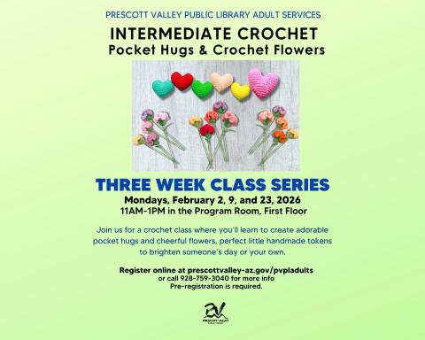 event poster with a photo of crochet hearts and carnation flowers