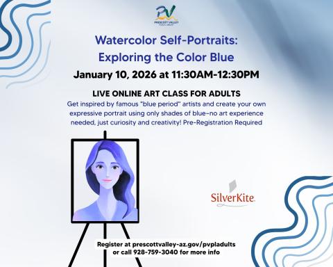 event poster with an easel and a woman's face painted in watercolor blues